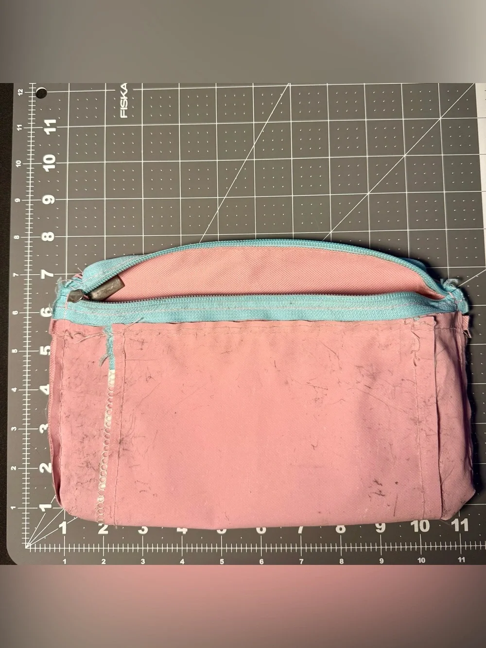 Pink & Teal Canvas Zip Pouch * Mesh Plastic Pocket * Dual Zipper